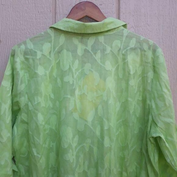 Dialogue Cotton Top Button Up Botanical Leaf Floral Print Neon Green Sz 1X - Picture 6 of 8